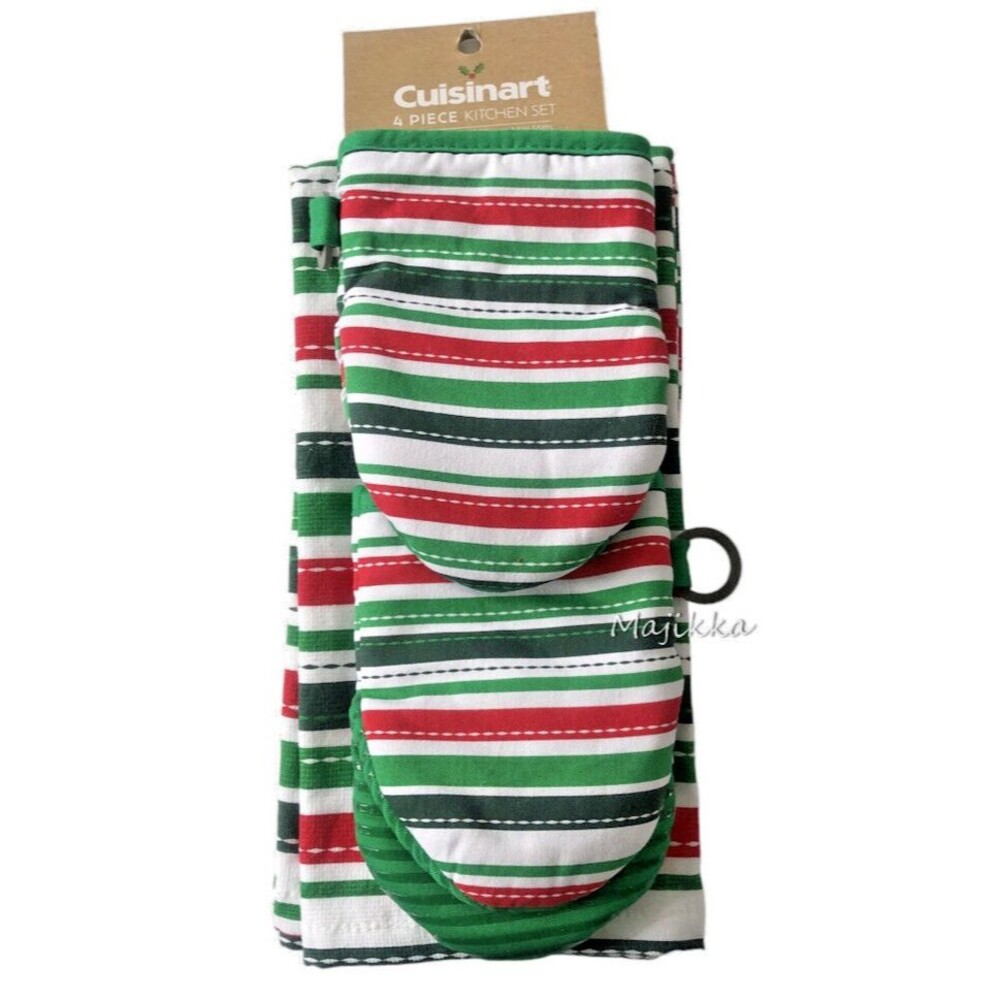 Cuisinart 2 Mini Oven Mitts 2 Dish Towels Red White Green Neoprene Set of 4